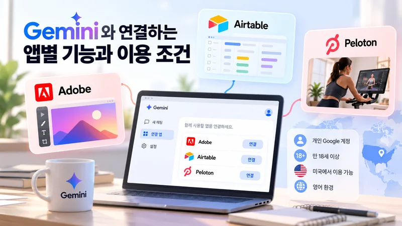 Gemini에 연결되는 Adobe·Airtable·Peloton의 주요 기능과 계정·연령·지역·언어 이용 조건을 보여주는 이미지