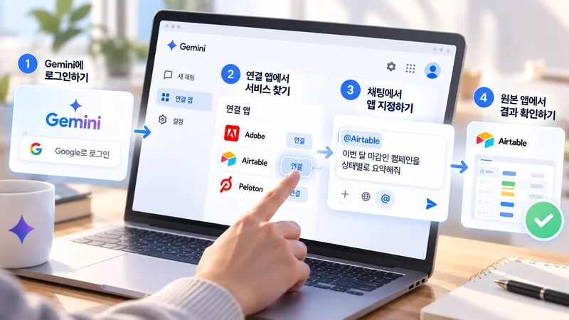 Gemini에서 로그인부터 연결 앱 선택, 채팅에서 앱 지정, 원본 앱 결과 확인까지의 연결 과정을 보여주는 이미지