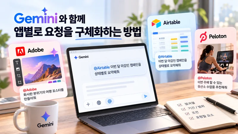 Gemini에서 Adobe·Airtable·Peloton에 원하는 결과와 범위, 조건을 구체적으로 지정해 요청하는 방법을 보여주는 이미지