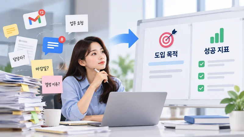 흩어진 업무 요청과 병목을 파악한 뒤 도입 목적과 성공 지표를 설정하는 업무 담당자의 모습