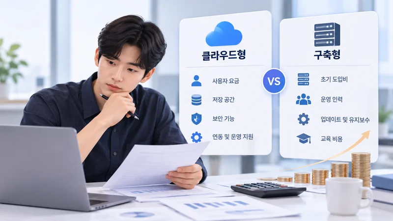 클라우드형과 구축형 협업 툴의 구독료와 운영 인력·유지보수 등 총비용을 비교하는 모습