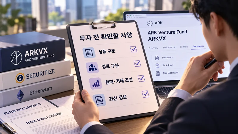 ARKVX 투자 전 상품과 경로, 환매·거래 조건, 최신 공식 정보를 확인하는 모습을 표현한 이미지