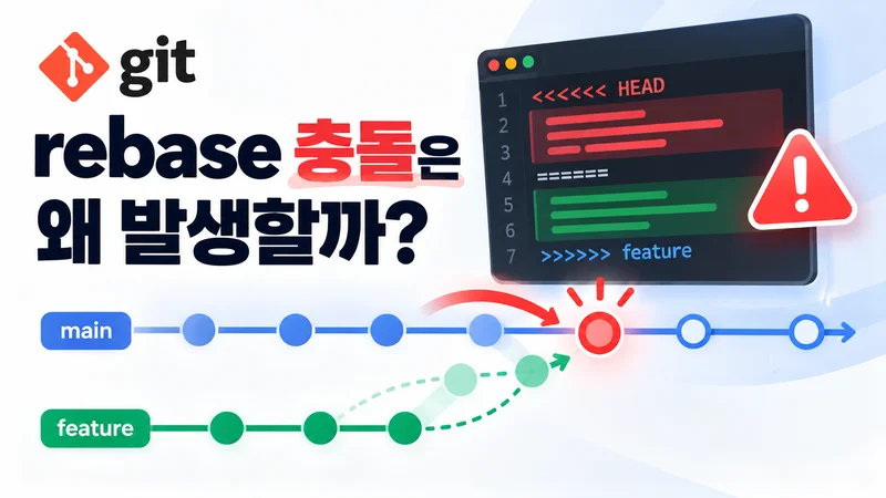 main과 feature 브랜치의 커밋을 다시 적용하는 과정에서 rebase 충돌이 발생하는 원리를 보여주는 이미지