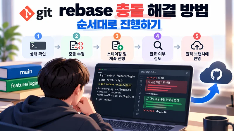 깃 rebase 충돌을 상태 확인부터 수정·스테이징·검토·원격 반영까지 순서대로 해결하는 과정을 보여주는 이미지
