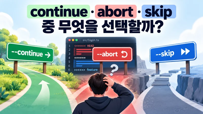 rebase 충돌 상황에서 continue, abort, skip 세 가지 명령 중 적절한 선택을 고민하는 개발자를 표현한 이미지