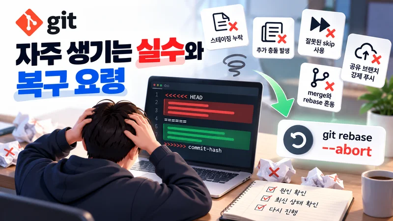 깃 rebase에서 자주 발생하는 스테이징 누락·추가 충돌·skip 오용·강제 푸시 등의 실수와 git rebase --abort 복구 방법을 표현한 이미지