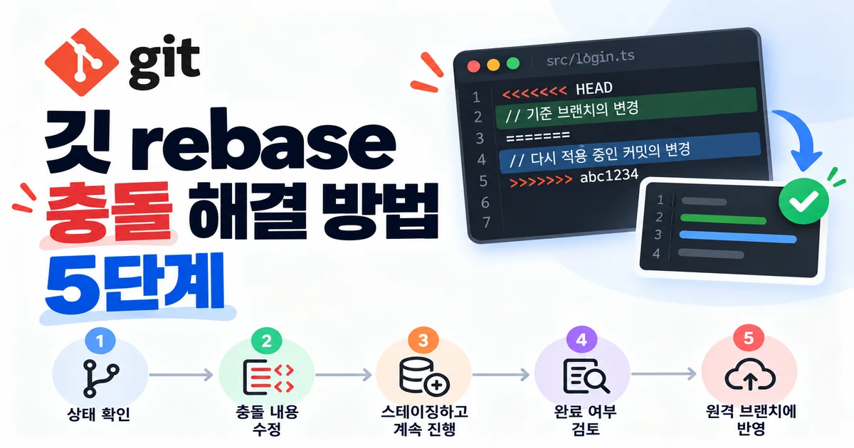 기준 브랜치와 기능 브랜치의 커밋 흐름 및 충돌 파일 표시