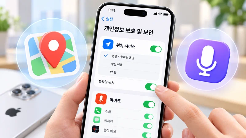 한 사람이 아이폰 설정에서 앱별 위치 및 마이크 접근 권한을 확인하고 조정하는 모습.