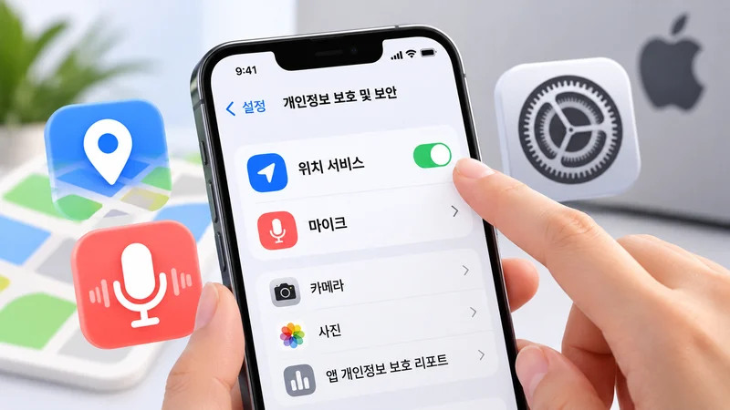 한 사람이 아이폰 설정에서 앱별 위치 및 마이크 접근 권한을 확인하고 조정하는 모습.