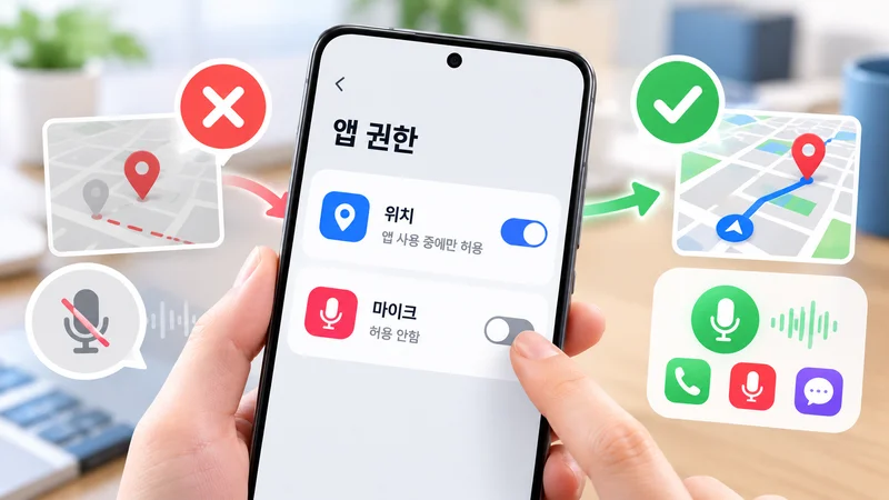 스마트폰에서 위치와 마이크 권한을 확인하고 앱 기능 제한을 점검하는 모습