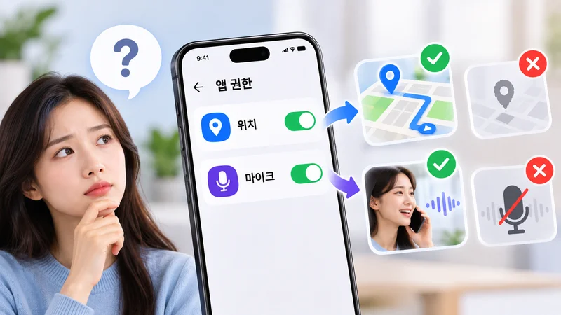 스마트폰에서 위치와 마이크 권한을 확인하고 앱 기능 제한을 점검하는 모습