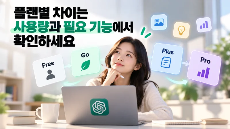 ChatGPT Free, Go, Plus, Pro 요금제를 사용량과 기능 기준으로 비교하는 모습