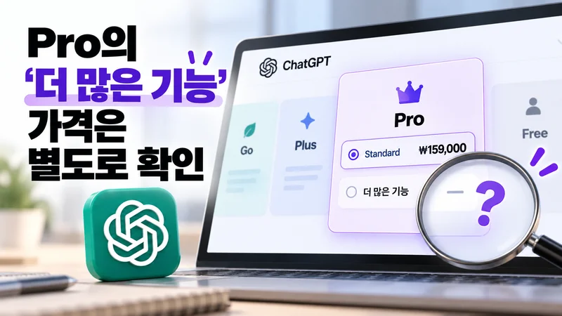 요금제 화면의 Pro 카드에 Standard와 ‘더 많은 기능’ 옵션이 보이고, 추가 옵션 가격은 표시되지 않는다.