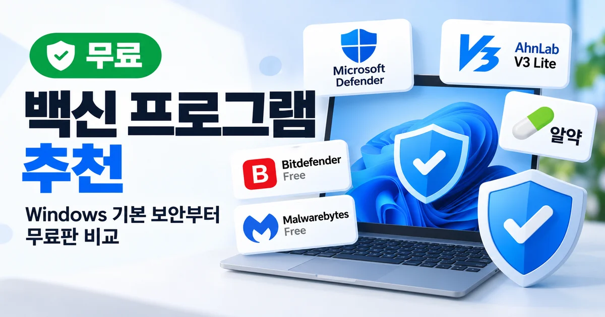 Windows 보안 방패와 파일을 검사하는 무료 백신 개념도