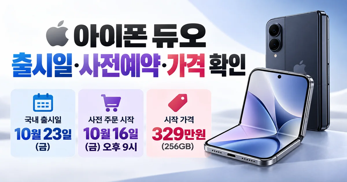 접힌 폴더블 스마트폰과 펼친 내부 화면을 나란히 보여주는 아이폰 듀오 개념도