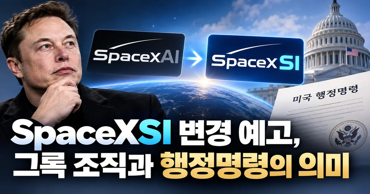 SpaceXAI에서 SpaceXSI로 바뀌는 표지판과 그록 데이터 흐름을 표현한 벡터 일러스트